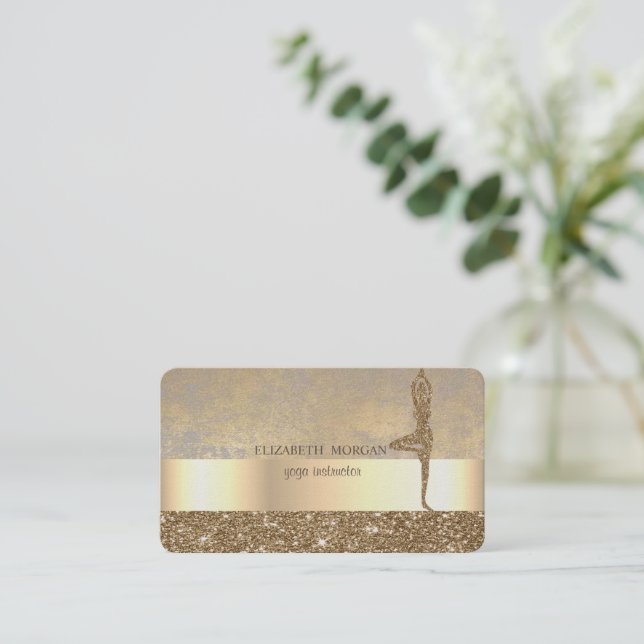 Professional Modern Gold Glitter Yoga Girl  Business Card (Standing Front)