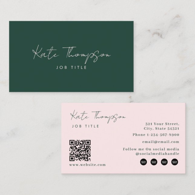 Professional Modern Green Pink Minimalist QR Code Business Card (Front/Back)