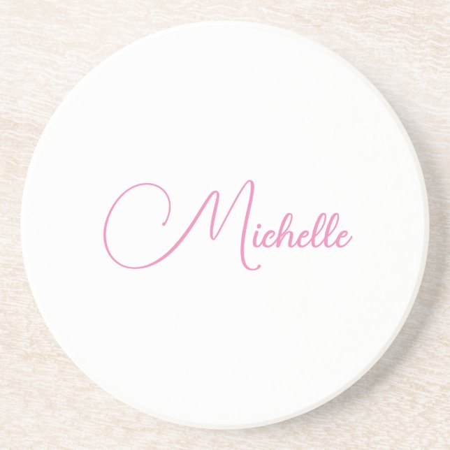 Professional modern handwriting name pink white coaster (Front)