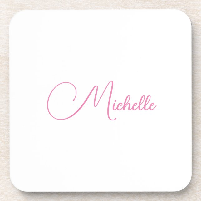 Professional modern handwriting name pink white coaster (Front)