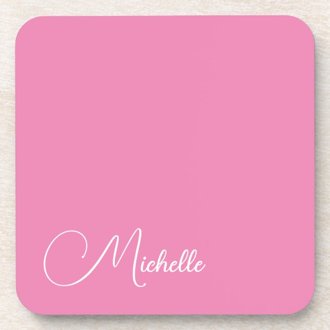 Professional modern handwriting name pink white coaster (Front)