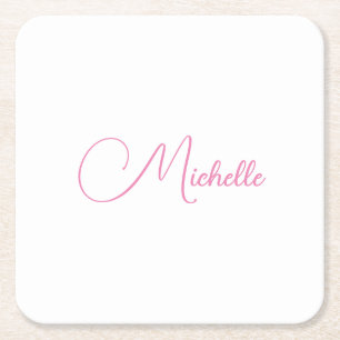 Professional modern handwriting name pink white square paper coaster