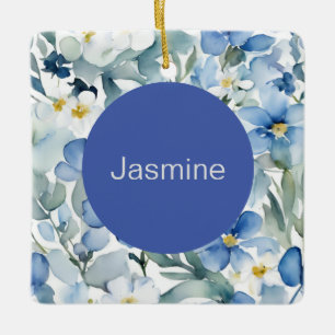 Professional Modern Minimalist Blue Floral Name Ceramic Ornament