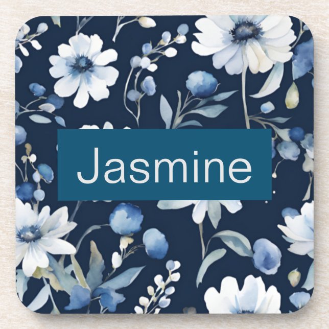 Professional Modern Minimalist Blue Floral Name Coaster (Front)