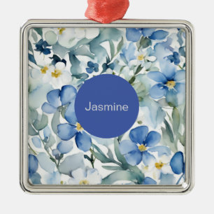 Professional Modern Minimalist Blue Floral Name Metal Ornament
