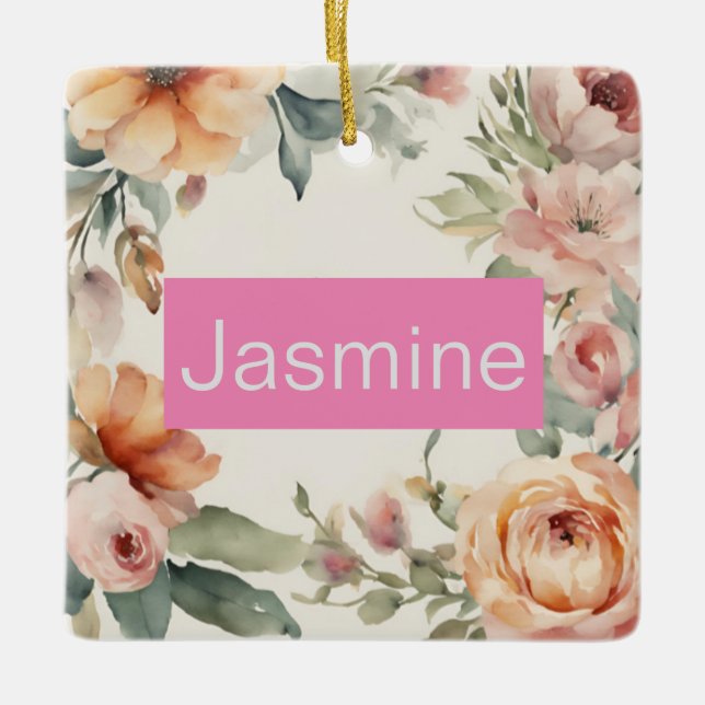Professional Modern Minimalist Roses Floral Name Ceramic Ornament (Front)