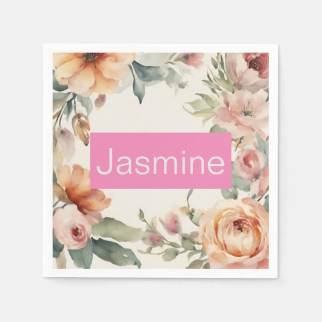 Professional Modern Minimalist Roses Floral Name Napkin (Front)
