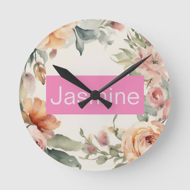 Professional Modern Minimalist Roses Floral Name Round Clock (Front)