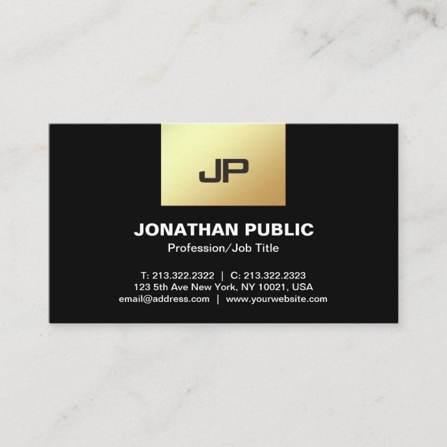 Professional Modern Monogram Elegant Black Gold Business Card (Front)