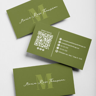 Professional Modern Monogram Green QR Code Business Card