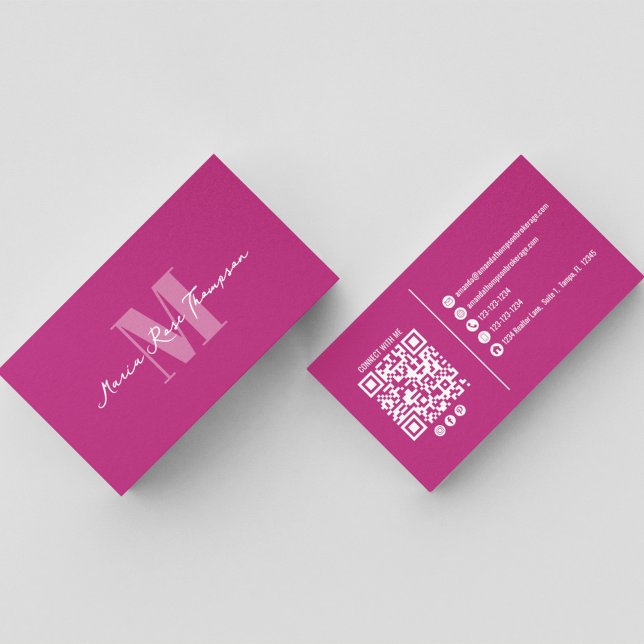 Professional Modern Monogram Pink QR Code  Business Card (Pink monogram QR code business card with elegant script name and social media connections.)