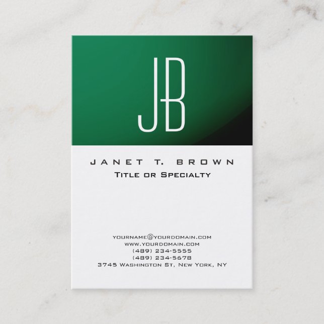 Professional Modern Monogram Simple Green White Business Card (Front)