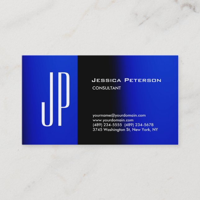 Professional Modern Plain Blue Bold Monogram Business Card (Front)