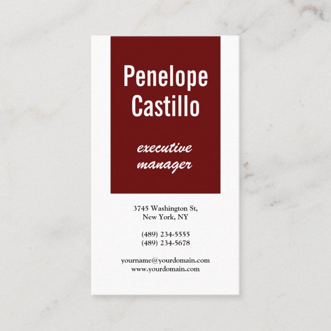 Professional Modern Plain Brownish Dark Red White Business Card (Front)