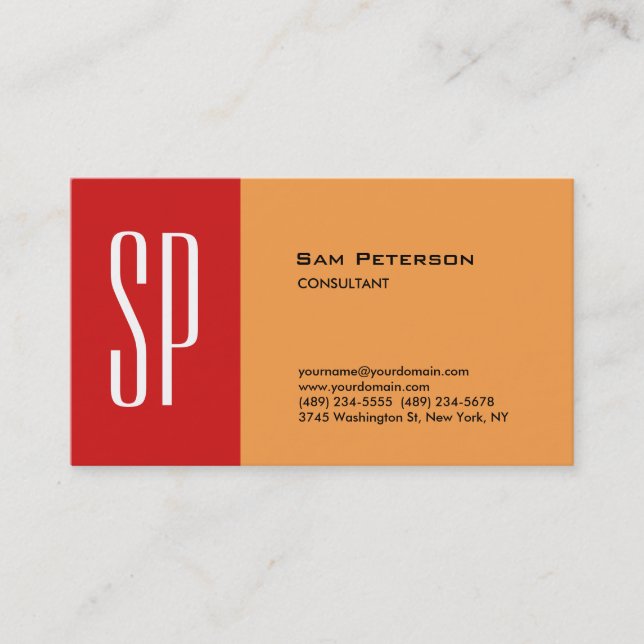 Professional Modern Plain Monogram Red Orange Business Card (Front)