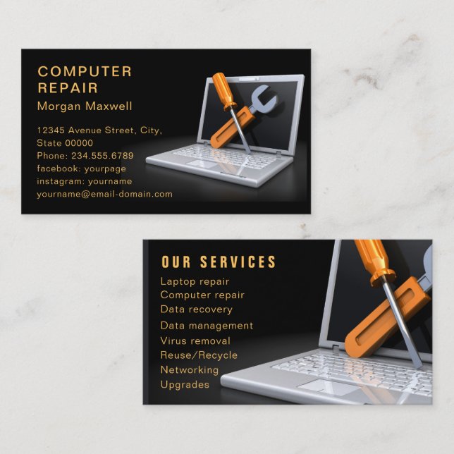 Professional Modern Plain Simple Computer Repair Business Card (Front/Back)