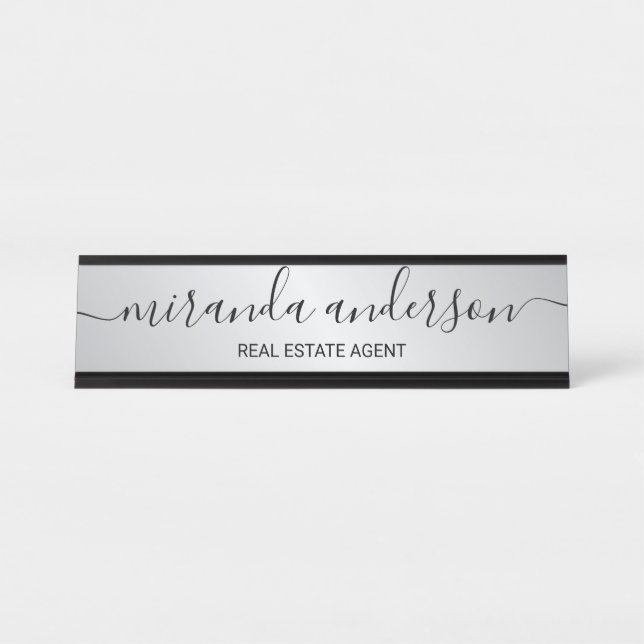Professional Modern Script Black and Silver Desk Name Plate (Front)