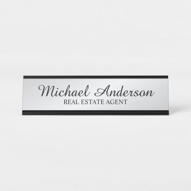 Professional Modern Script Black and Silver Desk Name Plate (Front)