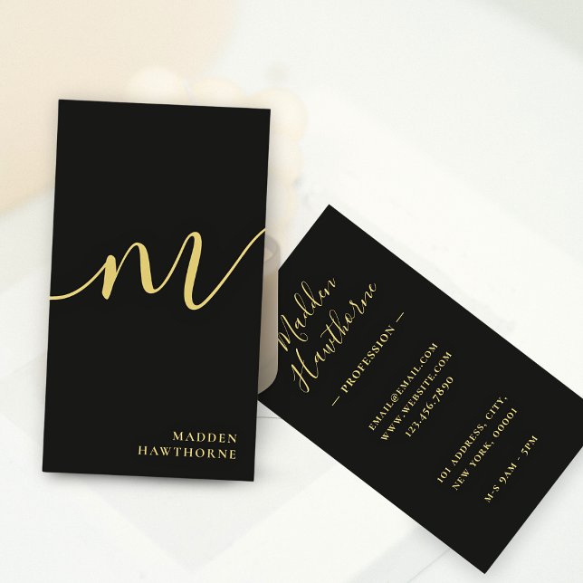 Professional Modern Script Black Gold Monogram Business Card (Creator Uploaded)