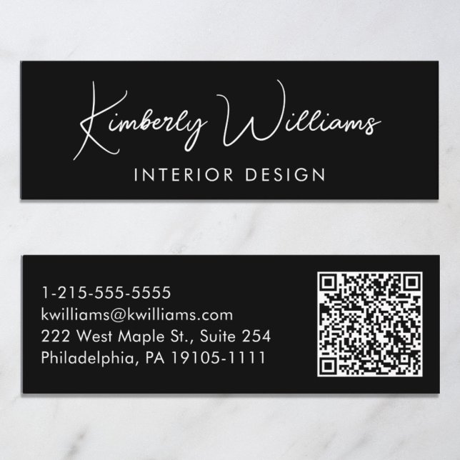 Professional Modern Script QR Code Black Mini Business Card (Capture attention, make connections, and leave a lasting impression with our mini QR business card)