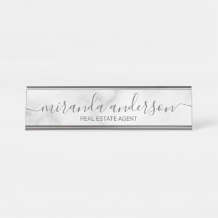 Professional Modern Script White Marble Desk Name Plate