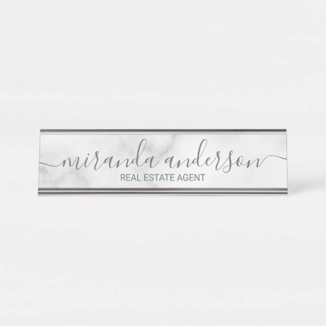 Professional Modern Script White Marble Desk Name Plate (Front)