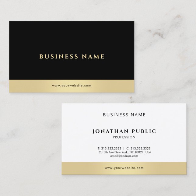 Professional Modern Sleek Elegant Black White Gold Business Card (Front/Back)