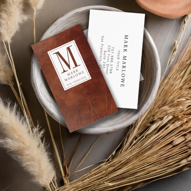 Professional Monogram Brown Leather Texture Business Card (Creator Uploaded)