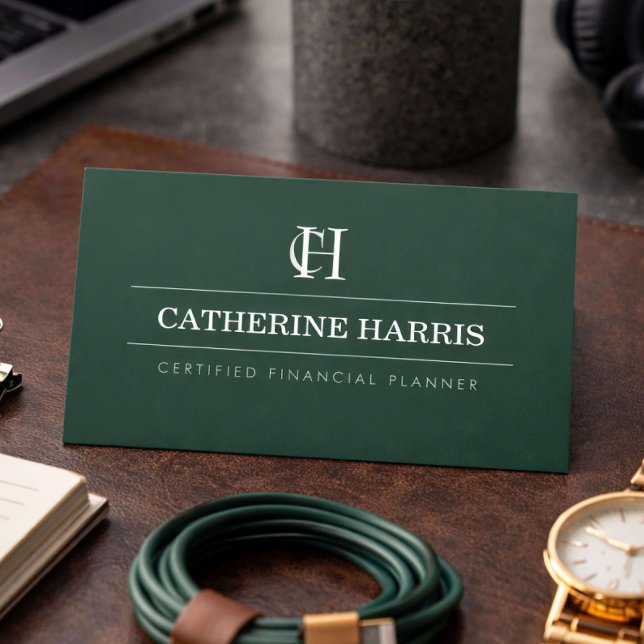 Professional Monogram Financial Advisor Dark Green Business Card (Creator Uploaded)