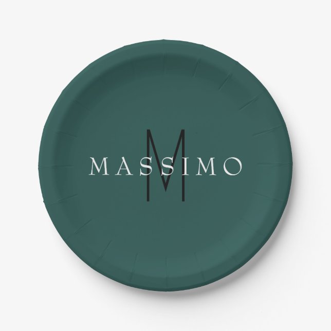 Professional Monogram Green Blue Your Name Paper Plate (Front)
