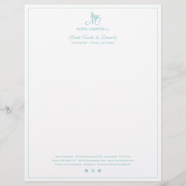 Professional Monogram Instagram Turquoise Border Custom Letterhead (Front)