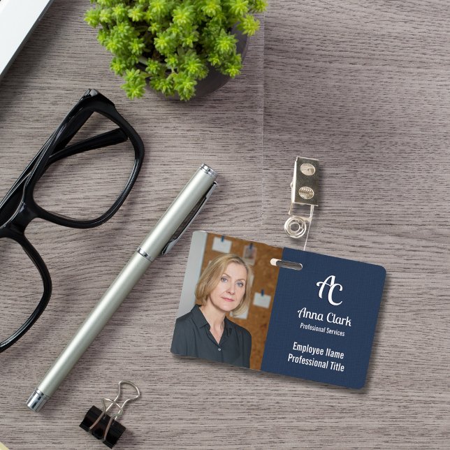Professional Monogram Logo Navy Blue Texture Photo ID Badge (Creator Uploaded)