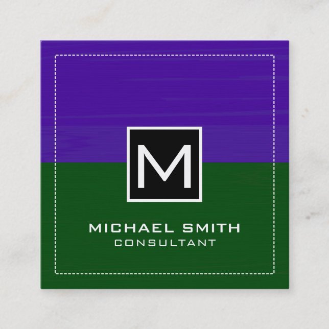 Professional Monogram Modern Green Dark Purple Square Business Card (Front)
