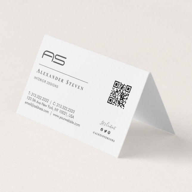 Professional Monogrammed QR Code Black and White Business Card (Front)