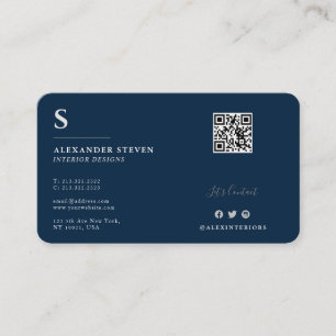 Professional Monogrammed QR Planin Navy Blue Business Card