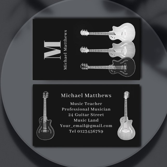 Professional Musician Guitar Music Teacher  Business Card (Music teacher professional musician black and white guitar business card)