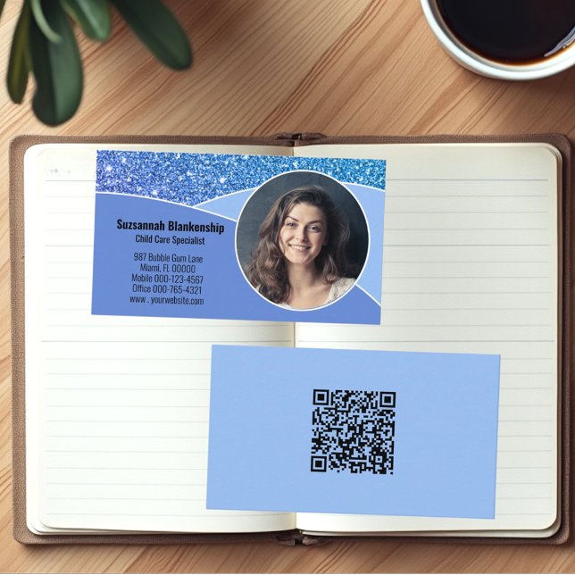 Professional Nanny Custom Photo Blue QR Code Business Card (Template photo and QR code business card front and back)
