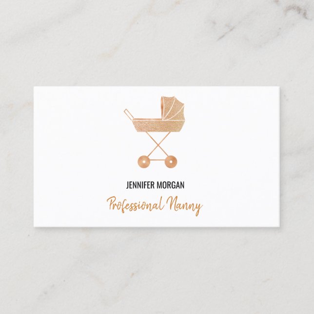 Professional Nanny Rose Gold Baby Carriage Elegant Business Card (Front)