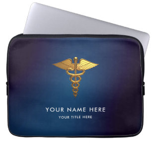 Professional Navy Blue Gold Caduceus Medical Laptop Sleeve