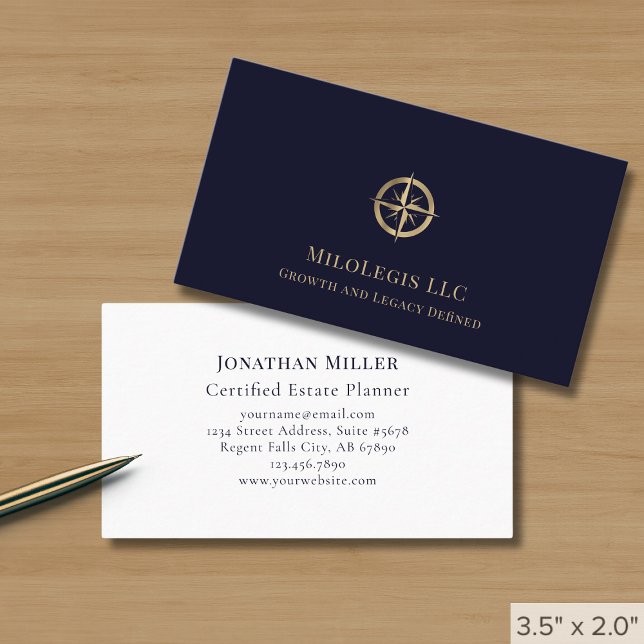 Professional Navy Blue Gold Compass Logo Business Card (Creator Uploaded)