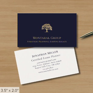Professional Navy Blue Gold Tree Logo Business Card
