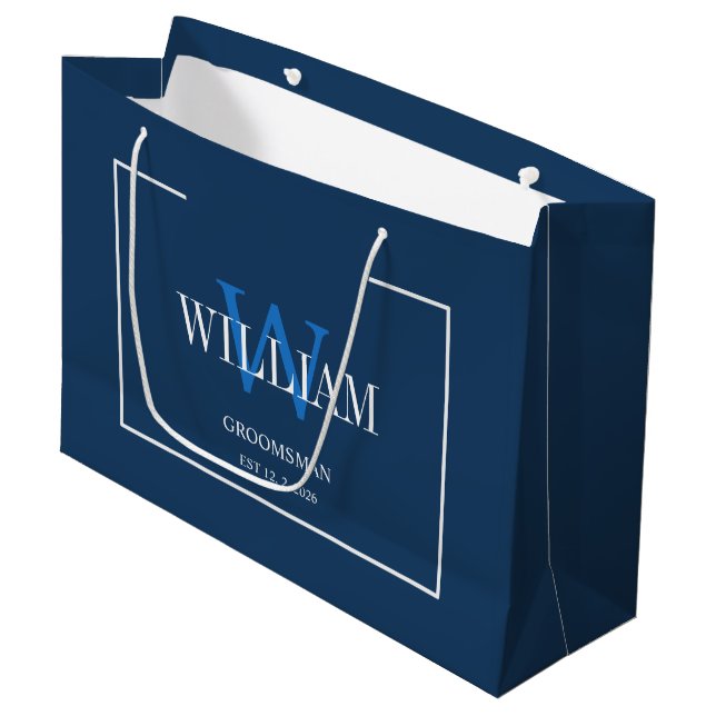 Professional Navy Blue White Groomsmen Minimalist  Large Gift Bag (Front Angled)