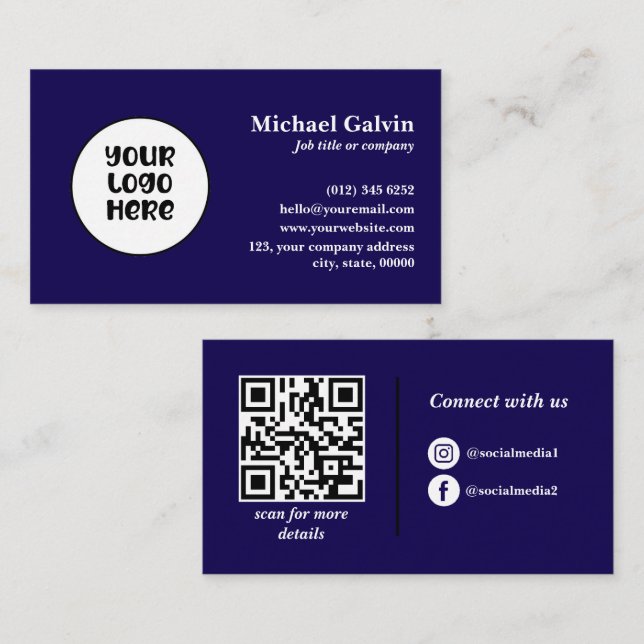 Professional Navy Custom Business Logo QR Code Card (Front/Back)