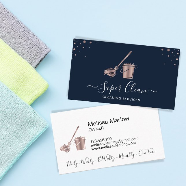 Professional Navy Rose Gold House Cleaning Maid Business Card (Creator Uploaded)