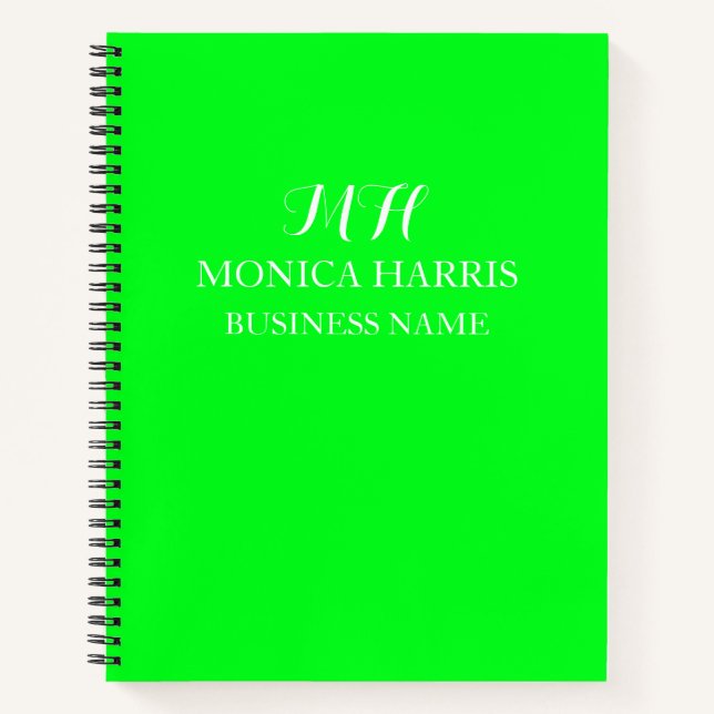 Professional Neon Green Monogram Initial Business Notebook (Front)