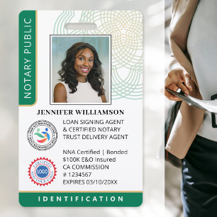 Professional Notary Public Photo QR Code ID Green Badge