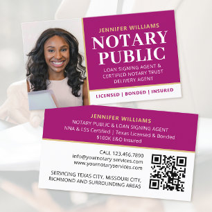 Professional Notary Public Photo QR Code Magenta Business Card