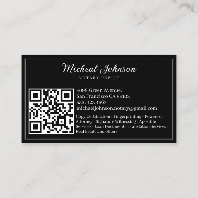Professional Notary Services QR Code Customisable  Business Card (Back)