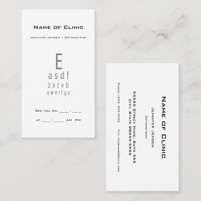 Professional Optometrist Eye Chart Appointment Business Card (Front/Back)