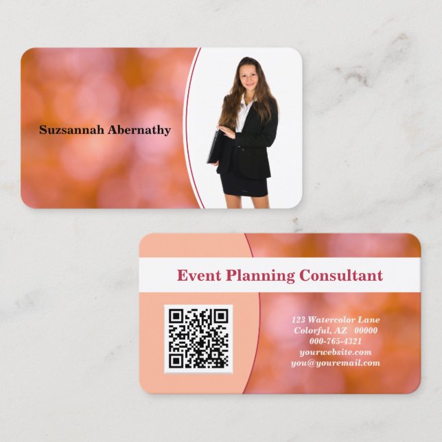 Professional Orange Bokeh Blur Custom Photo QR Business Card (Front/Back)